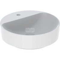 Umywalka GEBERIT Variform okrągła, biała, 450mm, otwór na baterię na środku, stawiana na blat, bez odpływu przelewowego, półka od ściany