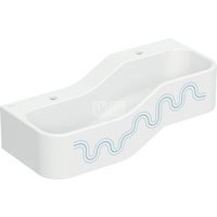 Umywalka GEBERIT Bambini 2-stanowiskowa prostokątna (rynna, elementy dekoracyjne), biała, 900mm, otwór na baterię na środku (x2), bez odpływu przelewowego, półka od ściany