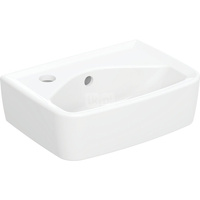 Umywalka mała Koło Rekord, kształt geometryczny, krótka: 35x25cm, Otwór na baterię=Lewa strona, Przelew=Widoczny, Biały