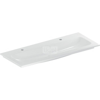 Umywalka GEBERIT iCon 2-stanowiskowa prostokątna, biała / KeraTect, 1200mm, otwór na baterię na środku, nakładany od góry, bez odpływu przelewowego, półka od ściany