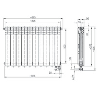 Grzejnik żeberkowy KFA Armatura G500F/D aluminium, podłączenie dolne, prawe, kątowe 572 x 865 mm, kolor biały (RAL 9016)