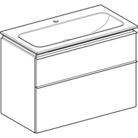 Zestaw umywalki meblowej Geberit iCon slim rim, z szafką pod umywalkę, z dwoma szufladami i zestawem odpływowo-przelewowym do umywalki: B=90cm, Umywalka: biały, Korpus i front: dąb / melaminowa struktura drewna, Uchwyt: lava / malowany proszkowo, matowy