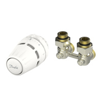 Zestaw termostatyczny prosty składający się z cieczowej głowicy Regus™ RA oraz zaworu RLV-KB do grzejników dolnozasilanych. 