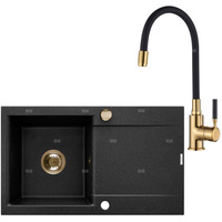 Komplet: zlewozmywak granitowy 1-komorowy z długim ociekaczem Tesalia i bateria zlewozmywakowa Glamour złota