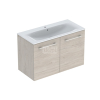 Zestaw umywalki meblowej Geberit Selnova Square, slim rim, z szafką pod umywalkę, z dwoma drzwiami: B1=98.8cm, T=50.2cm, Otwór na baterię=Na środku, Przelew=Widoczny, Orzech włoski hickory jasny