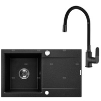 Komplet: zlewozmywak granitowy 1-komorowy z długim ociekaczem Tesalia i bateria zlewozmywakowa Joga Plus czarna 