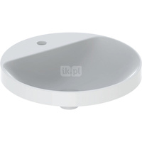 Umywalka GEBERIT Variform okrągła, biała, 480mm, otwór na baterię na środku, wpuszczana w blat, bez odpływu przelewowego, półka od ściany