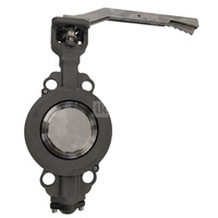 Przepustnica bezkołnierzowa EMARIS z dźwignią reczną, dysk: AISI316, wykładzina: PTFE +15% Grafit, korpus: stal WCB, Pnom 2,5 MPa, tmax=260 st.C DN 65