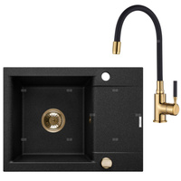 Komplet: zlewozmywak granitowy 1-komorowy z krótkim ociekaczem Tesalia i bateria zlewozmywakowa Glamour złota