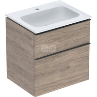 Zestaw umywalki meblowej Geberit iCon slim rim, z szafką pod umywalkę, z dwoma szufladami i zestawem odpływowo-przelewowym do umywalki: B=60cm, Umywalka: biały /KeraTect, Korpus i front: orzech hickory / melaminowa struktura drewna, Uchwyt: lava / malowan