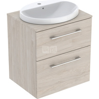 Zestaw szafki z blatem pod umywalkę Geberit Selnova Square, B59.1cm, H70.3cm, T50.2cm, z dwiema szufladami, orzech włoski hickory jasny, z umywalką wpuszczaną w blat, z przelewem, z otworem na baterię