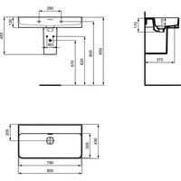 Umywalka IDEAL STANDARD STRADA II prostokątna (zaokrąglone krawędzie), biała, 800mm, bez otworu na baterię, nakładany od góry, bez odpływu przelewowego