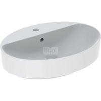 Umywalka GEBERIT Variform owalna, biała, 600mm, otwór na baterię na środku, stawiana na blat, z odpływem przelewowym, półka od ściany