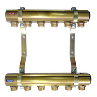 Rozdzielacz do instalacji c.o. QIK mosiądz GW 1'', 6-obieg. GZ 3/4'' z nyplami