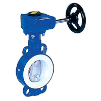 Przepustnica bezkołnierzowa LYCENE z przekładnią ślimakową, dysk: AISI316L, wykładzina: PTFE, korpus: GGG40 epoksyd., Pnom 1,0 MPa, tmax=200 st.C DN 250