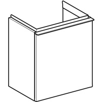 Szafka pod małą umywalkę Geberit iCon, z jednymi drzwiami: Szerokość umywalki=38cm, H=41.5cm, Drzwi=Zawias po prawej, Korpus i front: orzech hickory / melaminowa struktura drewna, Uchwyt: lava / malowany proszkowo, matowy