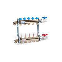 Rozdzielacz z 0-4l/min zasilanie dół, powrót górna, mosiądz, w zestawie obrotowe zawory kulowe, spust/odpowietrzenie HKV-T3-AS25