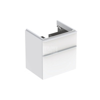 Szafka pod umywalkę Geberit Smyle Square, z dwoma szufladami: Szerokość umywalki=60cm, H=61.7cm, Korpus i front: biały / lakierowany na wysoki połysk, Uchwyt: biały / powlekany proszkowo, matowy